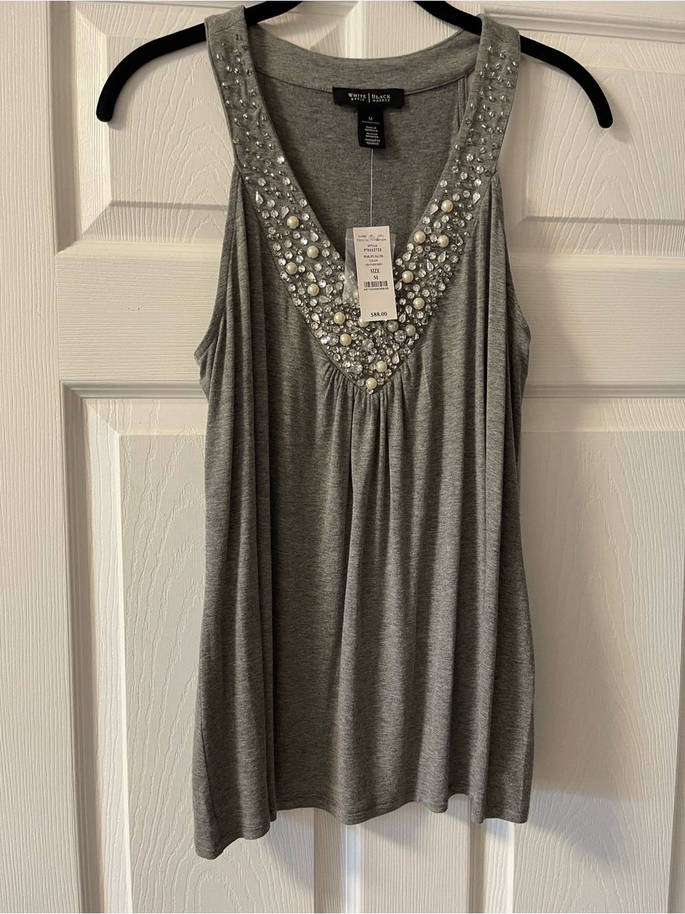 White House Black Market Gray Embellished V-Neck Tank Top